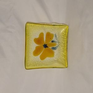 Trinket Dish Fused Art Glass L'oiseau de bois inc Floral Yellow and Blue 4"
